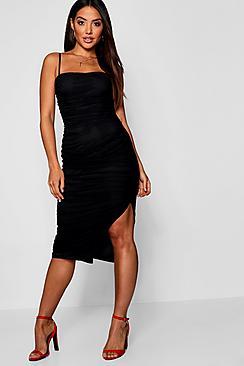 Boohoo Strappy Square Neck Ruched Mesh Midaxi Dress