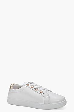 Boohoo Melody Pearl Trim Lace Up Trainer