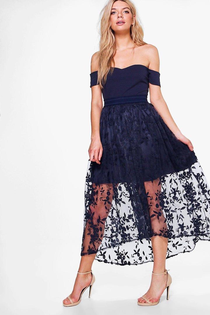 Boohoo Boutique Eve Embroidered Midi Skater Dress Navy