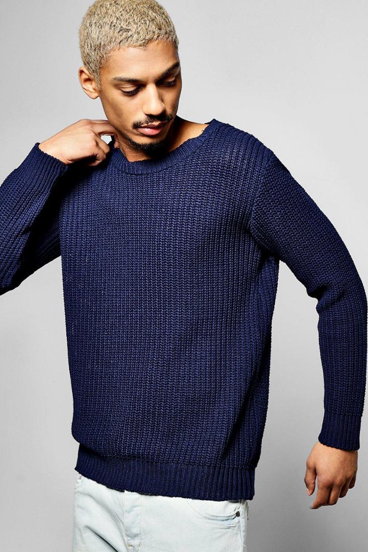 Boohoo Fisherman Knit Crew Neck Jumper Navy