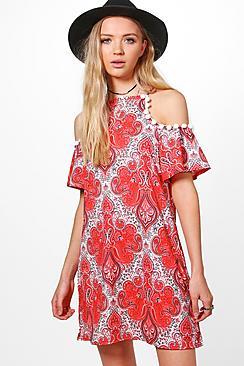 Boohoo Niamh Cold Shoulder Pom Pom Paisley Shift Dress