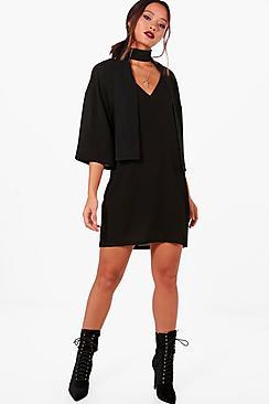Boohoo Stacey Tie Neck Kimono Sleeve Shift Dress