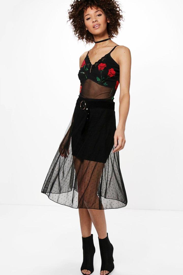 Boohoo Amelle Polka Dot Overlay Mini Skirt Black