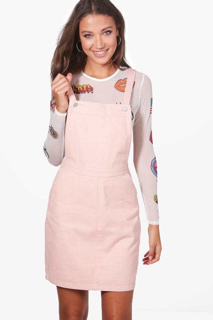Boohoo Tall Emily Pinafore Denim Dress Pink
