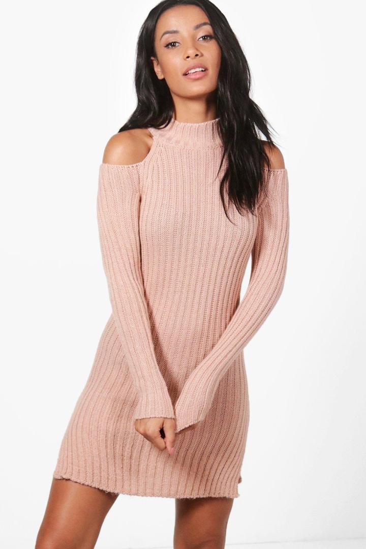 Boohoo Alisha Cold Shoulder Rib High Neck Jumper Dress Blush