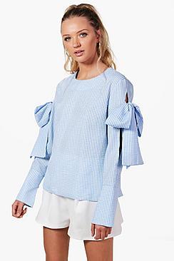 Boohoo Heidi Gingham Tie Sleeve Blouse