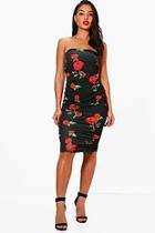 Boohoo Greta Rose Print Bandeau Ruched Midi Dress