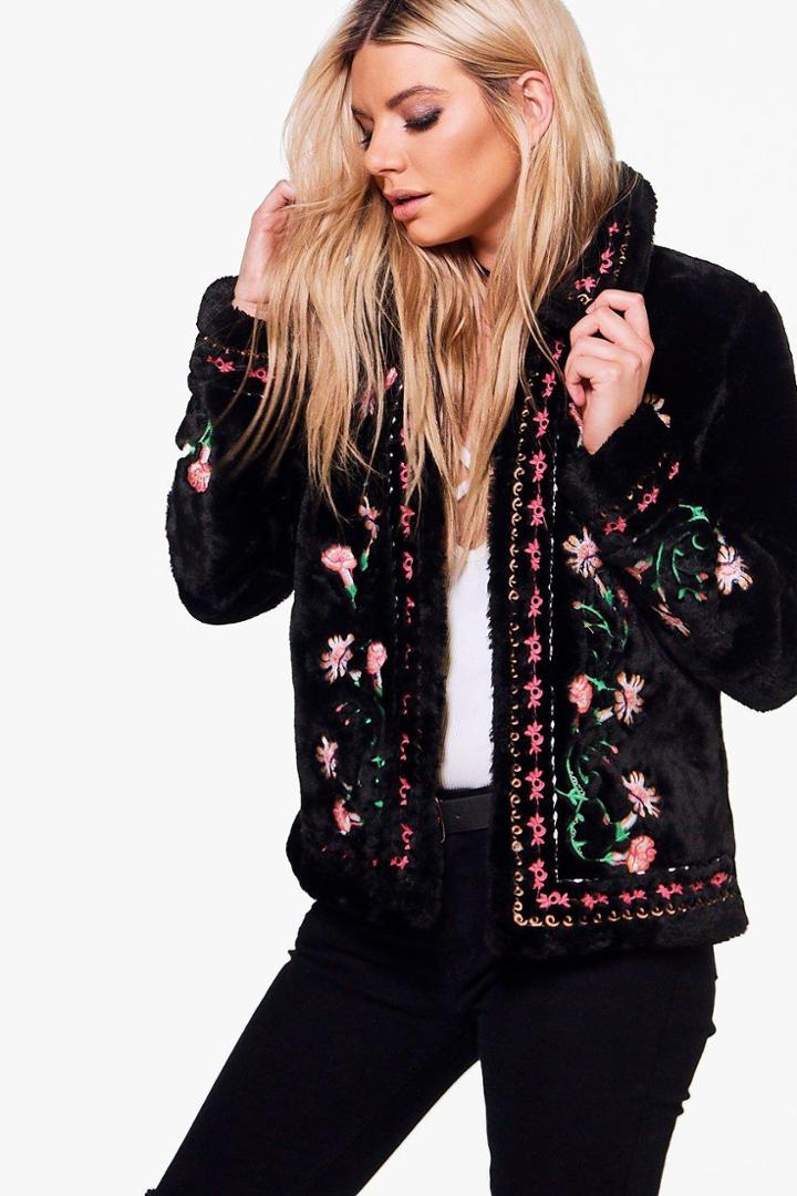 Boohoo Rosie Embroidered Faux Fur Coat Black