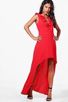 Boohoo Lucy Lace Up Ruffle High Low Maxi Dress