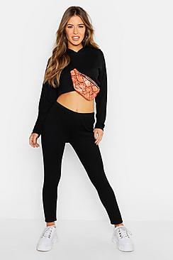 Boohoo Petite Ribbed Crop Hoodie & Legging Set