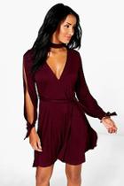 Boohoo Kady Choker Wrap Dress With Split Sleeve