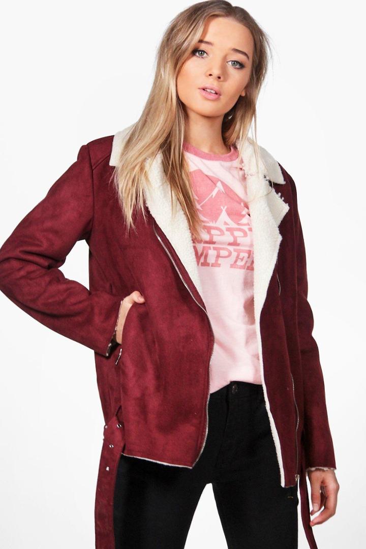 Boohoo Charlotte Faux Shearling Aviator Burgundy