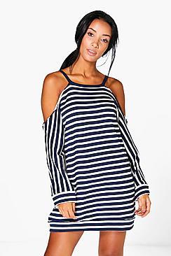 Boohoo Lily Stripe Cold Shoulder Sweat Dress