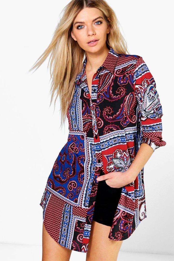 Boohoo Emily Paisley Printed Tie Waist Shirt Black