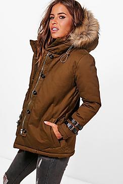 Boohoo Petite Holly Buckle Detail Faux Fur Hood Parka