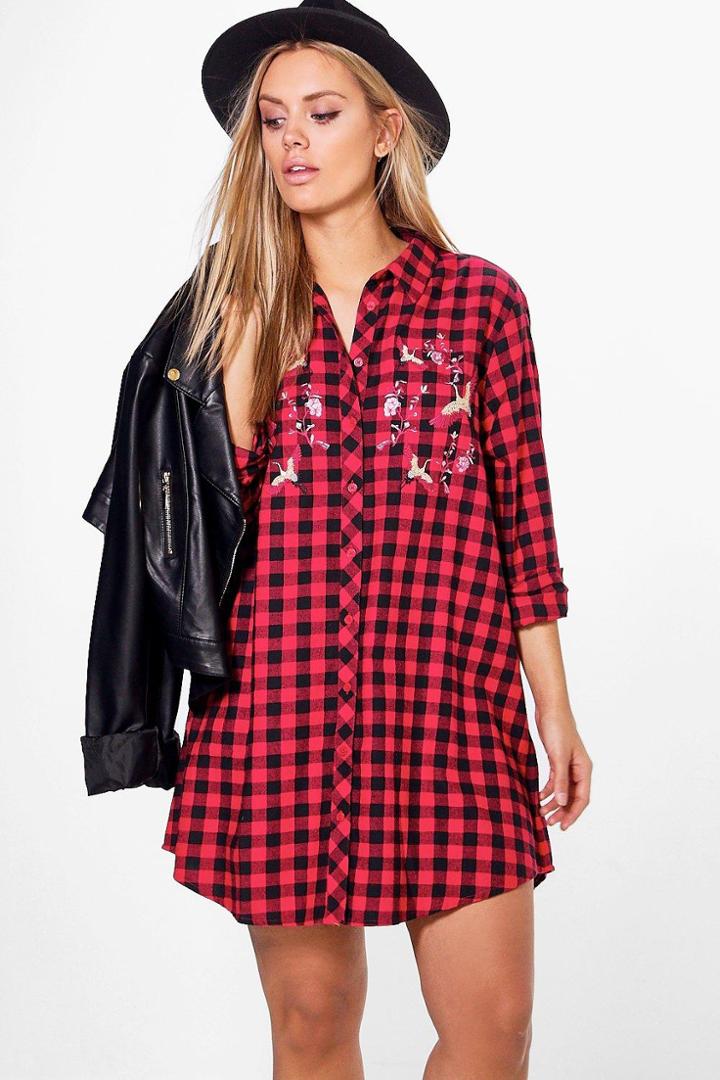 Boohoo Plus Elouise Embroidered Front Flannel Shirt Dress Multi