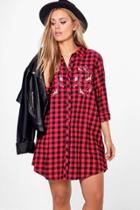 Boohoo Plus Elouise Embroidered Front Flannel Shirt Dress Multi