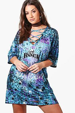 Boohoo Plus Bethany Tie Dye Lace Up T-shirt Dress