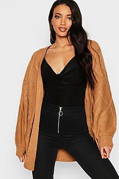 Boohoo Cable Knit Balloon Sleeve Cardigan