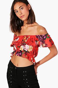 Boohoo Rebecca Ruffle One Shoulder Floral Crop