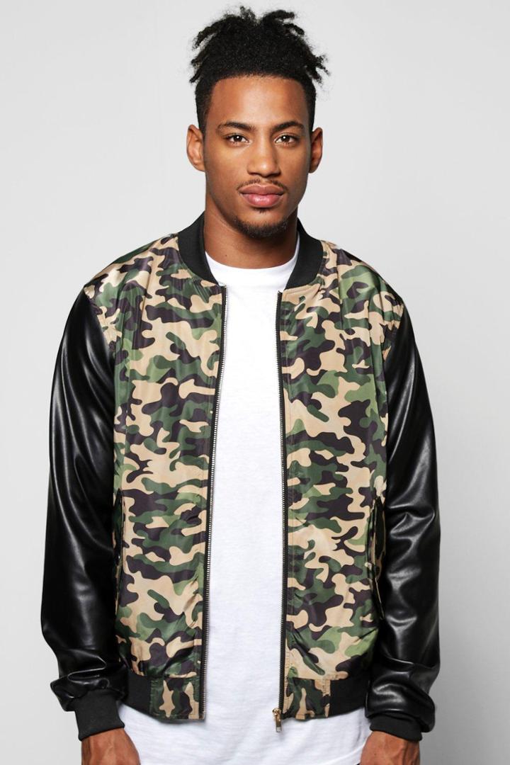 Boohoo Camo Bomber With Pu Sleeves Khaki