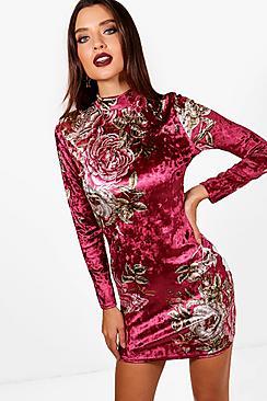 Boohoo Aria Floral Velvet High Neck Bodycon Dress
