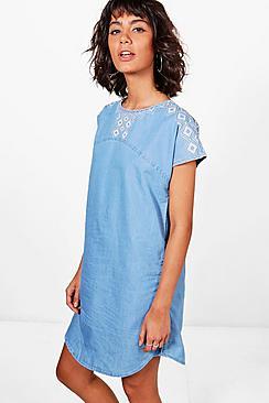 Boohoo Tanya Aztec Embroidered Denim Shirt Dress