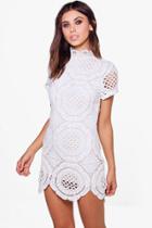 Boohoo Petite Dina Crochet Lace High Neck Bodycon Dress White