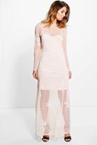 Boohoo Boutique Yoshie Embroidered Mesh Maxi Dress Nude
