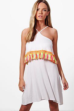 Boohoo Lenka Tropical Tassel Halterneck Swing Dress