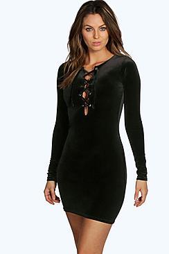 Boohoo Anne Velvet Lace Up Bodycon Dress