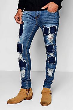 Boohoo Mid Blue Skinny Fit Ripped Patch Work Jeans
