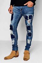 Boohoo Mid Blue Skinny Fit Ripped Patch Work Jeans