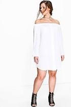 Boohoo Plus Jade Button Front Bardot Shift Dress