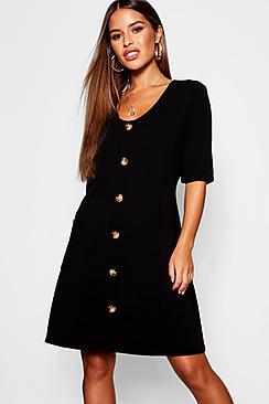 Boohoo Plus Horn Button Detail Pocket Front Shift Dress