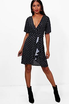 Boohoo Josie Polka Dot Ruffle Tea Dress