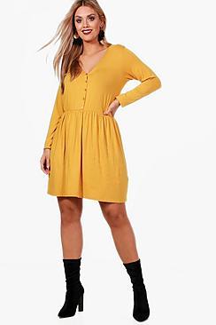 Boohoo Plus Fiona V Neck Button Front Smock Dress
