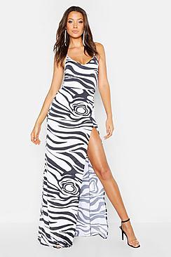 Boohoo Tall Zebra Print Side Split Maxi Dress