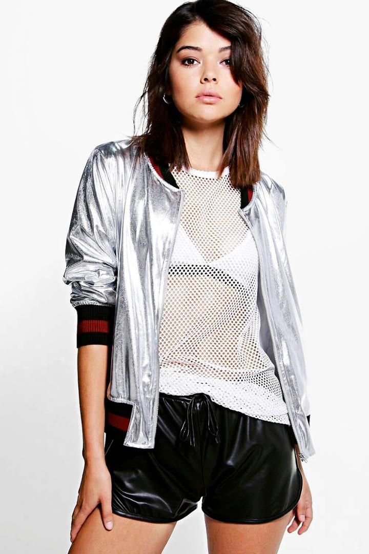 Boohoo Maya Metallic Bomber Jacket Silver