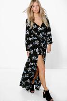 Boohoo Emliy Long Sleeve Split Front Overlay Playsuit Black