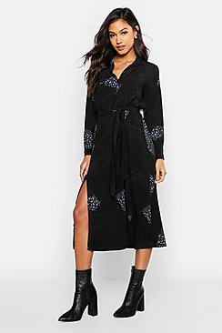 Boohoo Woven Animal Chain Print Belted Midi Shirt Dress