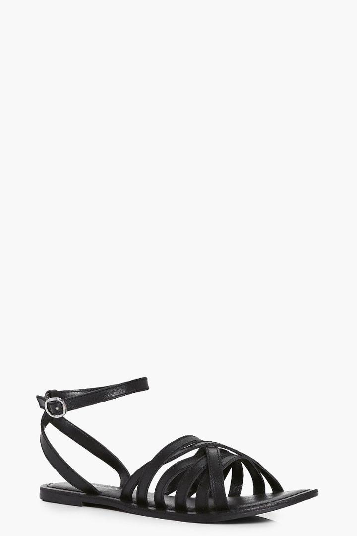 Boohoo Tia Cross Wrap Strap Leather Sandal Black