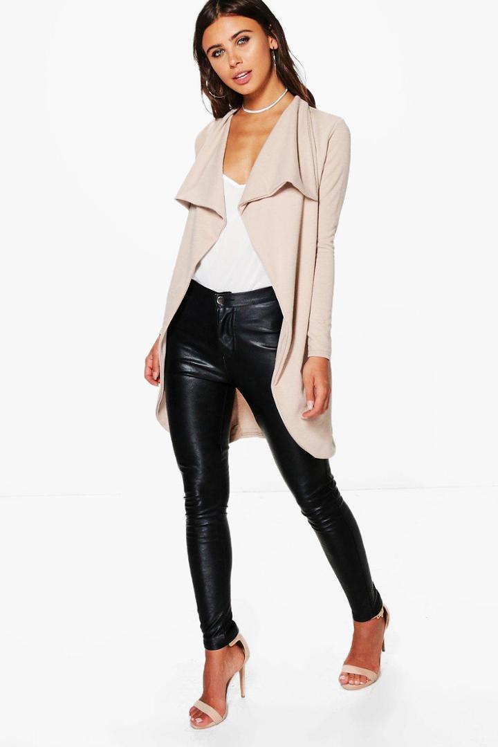 Boohoo Petite Hannah Ponte Wrap Front Duster Jacket Sand