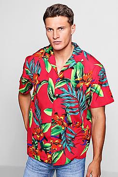 Boohoo Red Tropical Print Oversized Revere Shirt