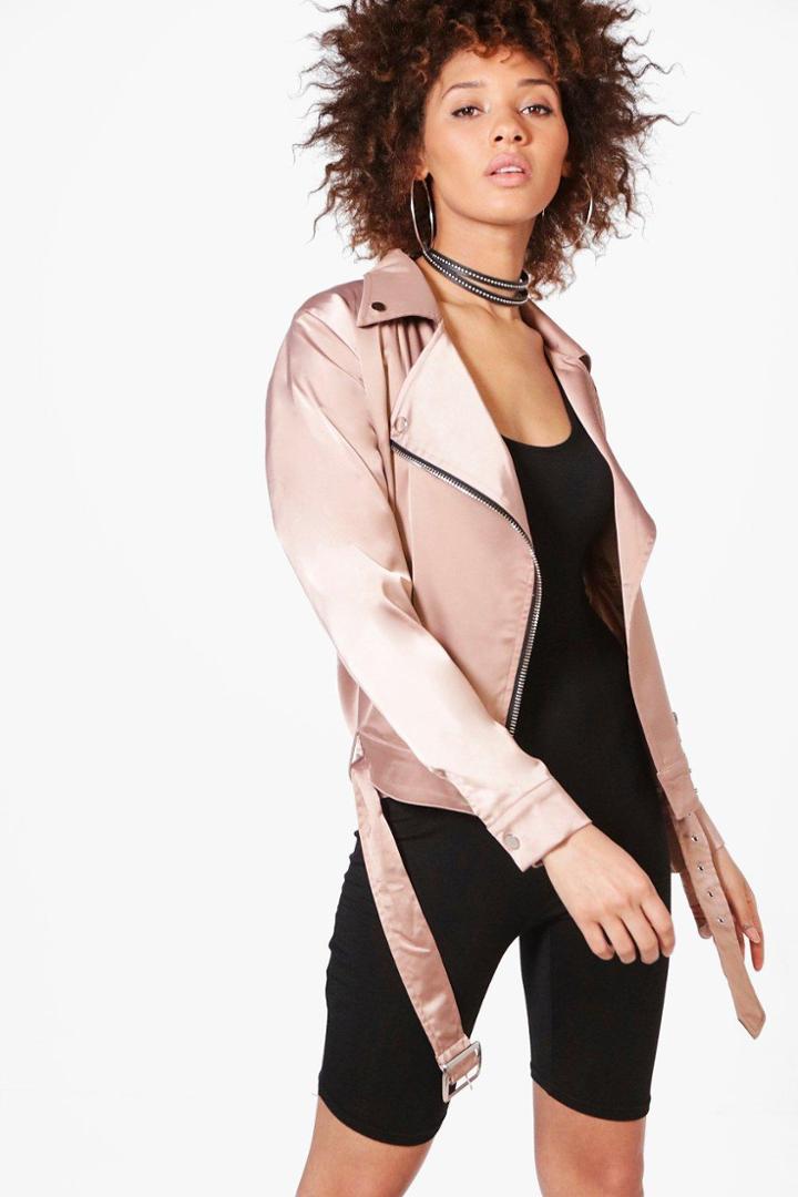 Boohoo Emma Satin Biker Jacket Mocha