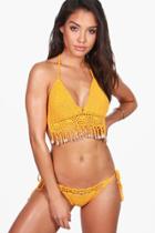 Boohoo Rhodes Boutique Crochet Shell Trim Crop Bikini Yellow