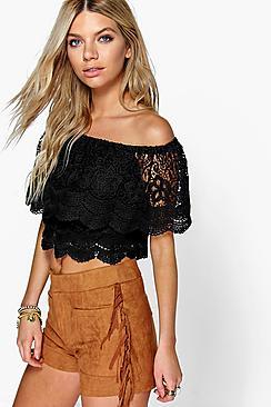 Boohoo Tia Crochet Lace Frill Off The Shoulder Top
