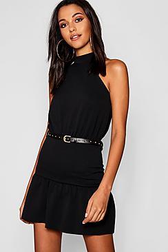 Boohoo High Neck Belted Ruffle Mini Dress