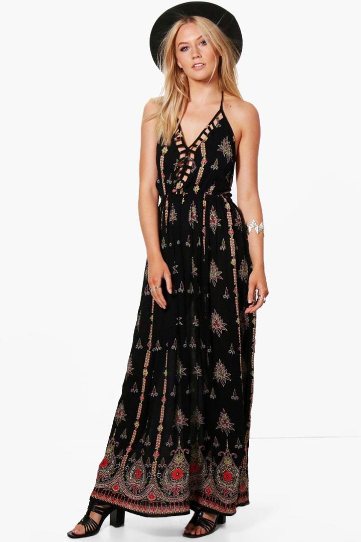 Boohoo Eliza Cut Out Front Border Print Maxi Dress Black