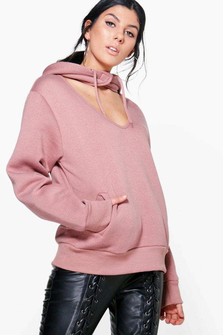 Boohoo Heather Choker Detail Hooded Sweatshirt Rose